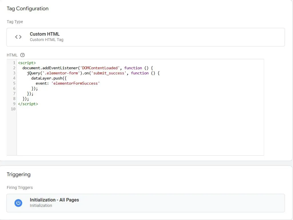 GTM - Elementor Base Code Tag Configuration for Elementor Built-in Form Submission Event